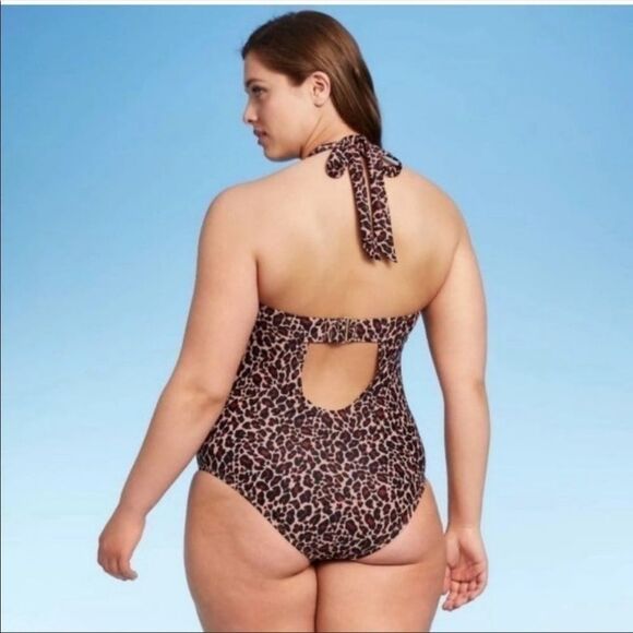 One Piece Swimsuit Brown Leopard Print Halter - Picture 2 of 4